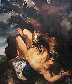 Huile sur toile représentant Prométhée, le foie dévoré par l'aigle du Caucase.