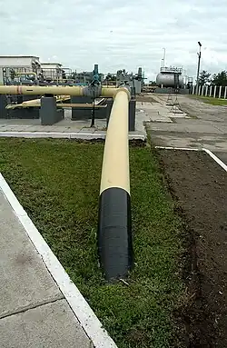 Après avoir fait un angle droit, un tuyau de couleur beige s'enfonce dans la terre.