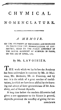 Première page de la Chymical Nomenclature de Lavoisier en anglais.