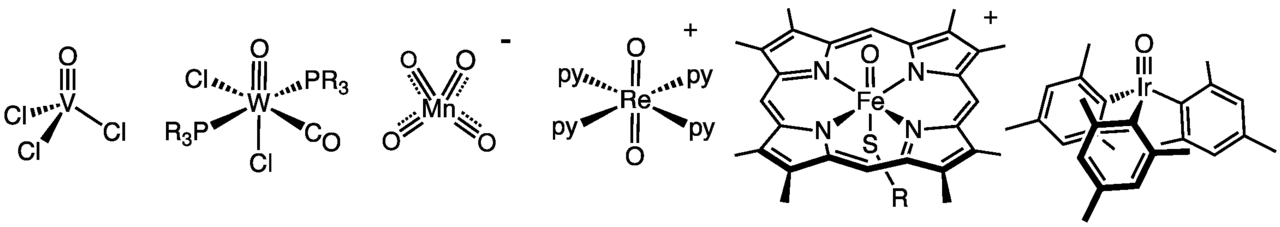 Exemples d'oxydes métalliques moléculaires. De gauche à droite : oxytrichlorure de vanadium (d0), carbonyle oxo de tungstène (d2), permanganate (d0), ReO2(py)4+ (d2), composé I du cytochrome P450 (d4) et O=Ir(Mes)3 (d4).