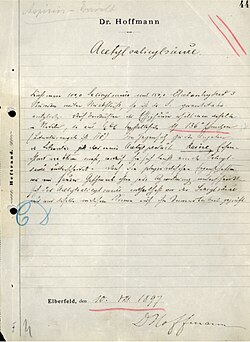 Protocole de laboratoire de Félix Hoffmann du 10 août 1897.