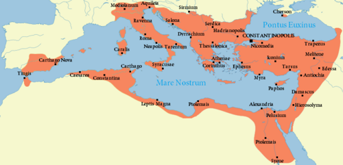 L'empire d'Orient en 565, après les conquêtes de Justinien.