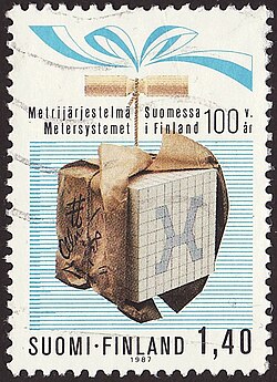 Timbre commémoratif de l'émission « 100 ans du système métrique en Finlande ».