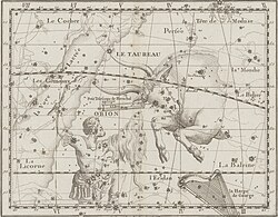 Dessin d'une constellation d'étoiles avec la représentation d'un taureau en filigrane.