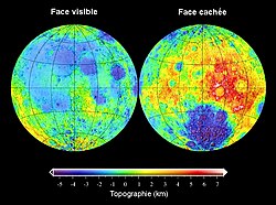À gauche la face visible, à droite la face cachée. La face visible est surtout colorée en bleu et vert, celle cachée comporte une grosse zone rouge.