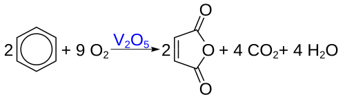 Bilan de la réduction d'oxydation ; réactifs : 2 benzène et 9 dioxygène ; produits : 2 anhydride maléique, 4 dioxyde de carbone et 4 eau