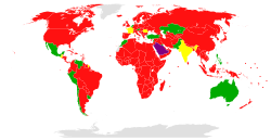 Carte du monde. La majorité des pays sont colorés en rouge.