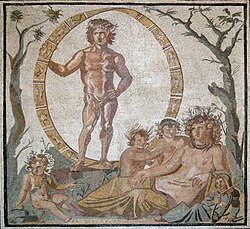 Mosaïque ancienne montrant six personnes, Éon surplombant les cinq autres.