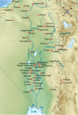 Localisation des principales villes de la Mésopotamie des premiers siècles du IIe millénaire av. J.-C.
