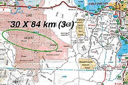 Ellipse prévue d'atterrissage de la capsule, en rose le terrain militaire de l'Utah.