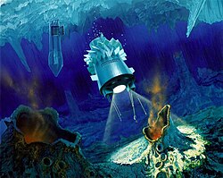 On observe la couche de glace au-dessus de l'océan. Un cryobot a percé la glace. Au premier plan, une sonde éclaire le sol.