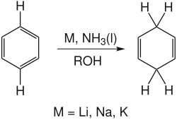 Bilan de la réduction de Birch ; réactif : benzène ; produit : cyclohexa-1,4-diène