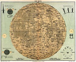 Dessin en couleur orangée sur fond bleu de la Lune, avec de nombreuses caractéristiques nommées.
