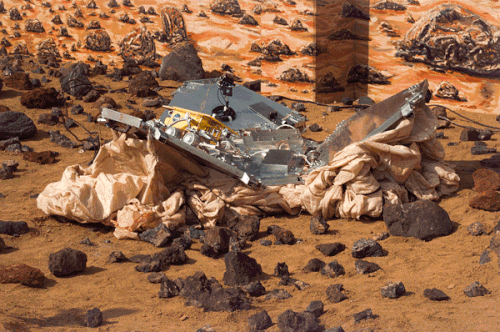 Photo sur Mars du rover au milieu des coussins dégonflés.
