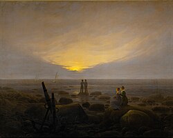 Peinture d'un coucher de soleil observé par deux couples.