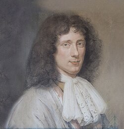 Peinture de Huygens de trois quart, avec une tenue d'époque et de longs cheveux noirs.