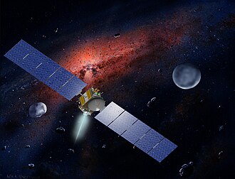 Vue d'artiste de la sonde Dawn, avec (4) Vesta à gauche et (1) Cérès à droite.