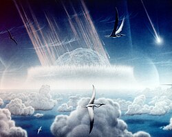 Une météorique s'abat sur Terre, des oiseaux sont visibles au premier plan.