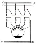 Circuit triphasé avec six anodes.