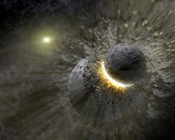 Image de synthèse d'un choc entre deux planétésimaux.