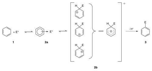 Schéma des étapes de la substitution électrophile aromatique du benzène