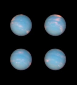 Quatre images de la planète montrant les structures nuageuses en rouge à divers endroits.