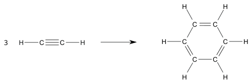 Bilan réactionnel de la trimérisation de l'acétylène ; réactif : 3 acétylène C2H2 ; produit : benzène C6H6
