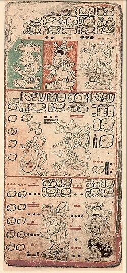 Image du codex de Dresde. On observe de nombreuses inscriptions colorées.