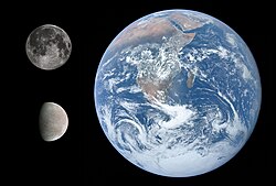 La Lune est représentée au-dessus de Io, la Terre à droite des deux. Io et la Lune ont environ la même taille.