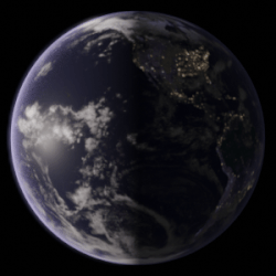 Animation gif montrant une rotation de la Terre, la moitié de la sphère étant éclairée.