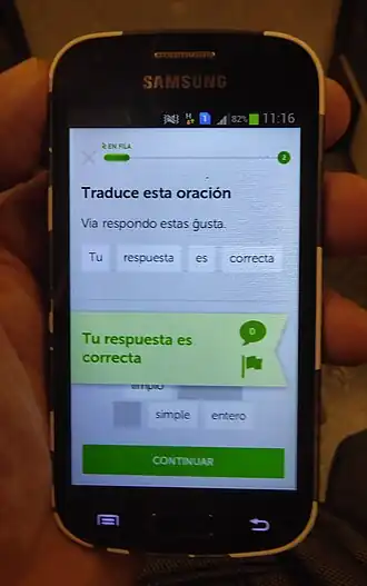 Apprentissage de l'espéranto sur le smartphone d'un hispanophone en 2017.