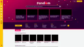 La page d'accueil principale de Fandom en 2023 (les images sont noircies afin de respecter les droits d'auteur).