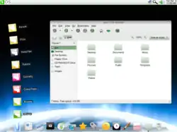 Capture d'écran du bureau de la version 2.9 "Space" avec le stack MySpace ouvert (à gauche) et une fenêtre ouverte (à droite)
