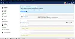 Page "Control panel". À gauche, un menu de navigation aux catégories contenu, structure, utilisateurs, configuration, extensions et maintenance. À droite, des informations comme les utilisateurs connectés et les pages les plus consultées.