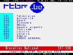 Page 100 du télétexte de la RTBF, logo du groupe en haut, liens vers différentes pages (loterie, sports, programmes télé,&nbsp;etc.)