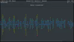 Capture d'écran de ncmpcpp, client pour mpd, montrant, dans l'écran de visualisation de la musique, la vue «sound wave filled». La musique s'intitule "Bound for Hacker's Heaven" de Steve Savitzky et est à deux minutes de lecture, sur deux minutes vingt-trois, à quatre-vingt-neuf kilobits par seconde.