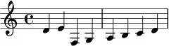 \relative c' { \transpose a d' { a b c d } a b c d }