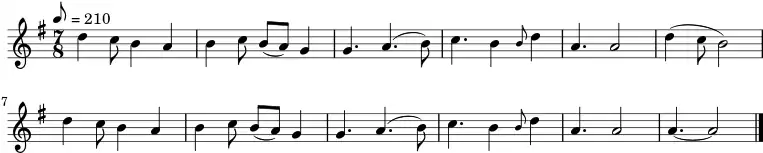  \relative c' {\key g \major \time 7/8 \tempo 8 = 210
d'4 c8 b4 a4 b4 c8 b8[( a)] g4 g4. a4. ( b8)  c4. b4 \grace b8 d4 a4. a2 d4 ( c8 b2)  d4 c8 b4 a4 b4 c8 b8[( a)] g4 g4. a4. ( b8)  c4. b4 \grace b8 d4 a4. a2 a4. ~ a2 \bar "|." }
