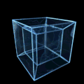 Image animé d'une projection en rotation, en bleu sur fond noir.