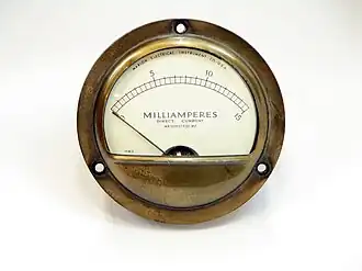 Un ancien ampèremètre mesurant des courants électriques jusqu'à 15&nbsp;mA.