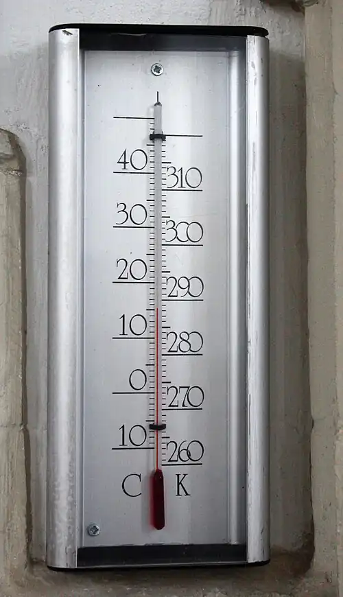 Thermomètre gradué en degrés Celsius et en kelvins.