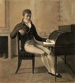 portrait noir et blanc d'un homme assis, habillé style "Empire".