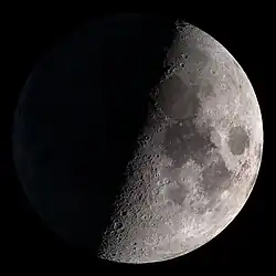 Vue du terminateur lunaire. L'inclinaison est orientée selon l'hémisphère terrestre et la saison et non selon l'heure de la journée, ici c'est une image vue des États-Unis en été