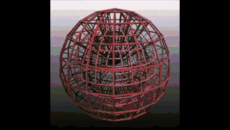 Grillage en volume en forme de boule, tournant en changeant de couleur.