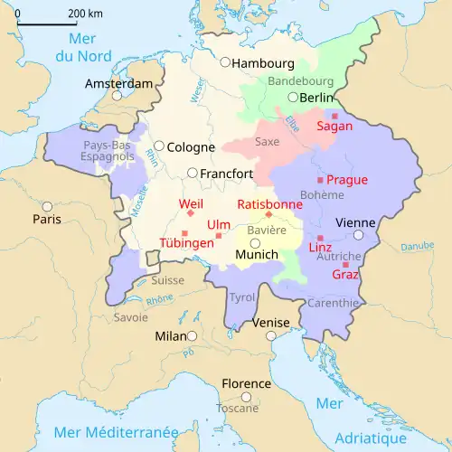 Lieux de séjour de Kepler : Weil der Stadt [né en 1571-1576], Tübingen [1589-1594], Graz [1594-1600], Prague [1600-1612], Linz [1612-1626], Ulm [1627], Sagan [1628-1630], Ratisbonne [mort en 1630].