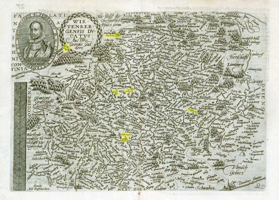 Lieux où vécut Kepler pendant sa jeunesse : Weil der Stadt [1571-1576], Leonberg [1576-1579] [1581-1583] (au centre), Adelberg [1584-1586] (à l'est), Maulbronn [1586-1589] (au nord), Ellmendingen [1579-1581] (au nord-ouest, disque jaune sur le bord du cartouche), Tübingen [1589-1594] (au sud).