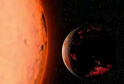 La Terre en planète de lave devant le Soleil en géante rouge