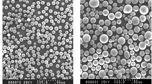 La poudre de SiO2 sphéroïdisée par plasma à couplage inductif (plasma d'air), productivité 15&nbsp;à 20&nbsp;kg/h.